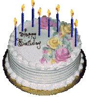 Sticker gif. Glossy pixelated scene of a birthday cake with candles surrounded by wrapped gifts and purple red green and blue balloons, a message in a sassy script font leaping out toward us. Text, 'Happy birthday!'