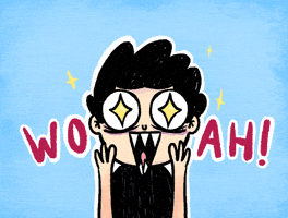 Digital art gif. An illustrated boy, grasping his face, mouth aghast, stars twinkling in his eyes. Text, "woah!"