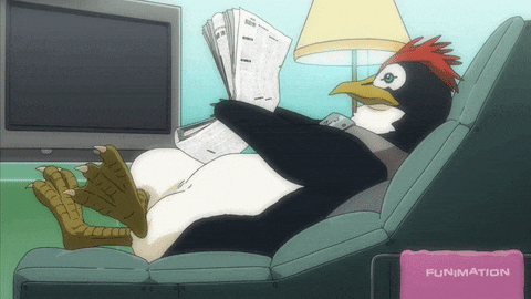 Anime gif. Pen Pen the Penguin in Neon Genesis Evangelion lounges with his webbed feel crossed. He reads a newspaper as he bounces his foot.