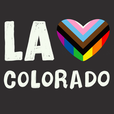 Digital art gif. Beating heart in the colors of the Quasar Pride flag on a soft black background with marker-style text reads, "LA hearts Colorado."
