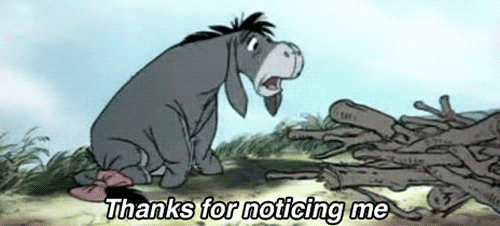 Cartoon gif. Eeyore from Winnie the Pooh sits next to a bundle of sticks and says, "Thanks for noticing me," which appears as text.
