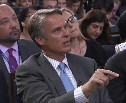 Political gif. A reporter in a presidential press briefing asking a question and looking incredulous.