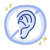 Sticker gif. Illustration of a realistic ear in blue inside a light blue circle and line going through it diagonally to indicate hard of hearing. Yellow stars sparkle next to it.