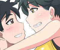 Anime gif. Smiling teenage girl leans in to kiss a teenage boy. We zoom out to see that he is holding her in his arms at the beach in front of a heart-shaped sunset.