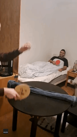 Table Tennis Player Shows Impressive Skills Without Even Leaving Bed