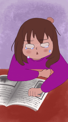 Illustrated gif. A girl sits at a table with a book in front of her. She looks down at the book and sobs, tears streaming down her face.