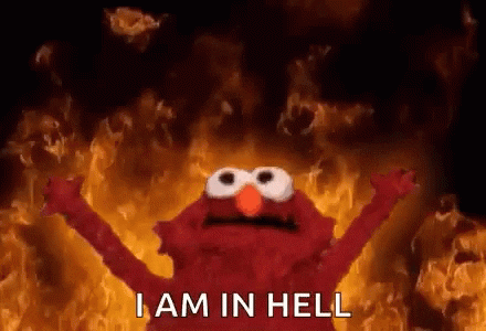Video gif. In the background orange flames rise in the dark as a worried Elmo lifts his hands toward the sky. The text below reads, “I am in hell.”