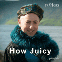Sponsored gif. Traitors host Alan Cumming gives a cheeky smile. Text reads, “How juicy.”