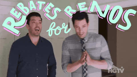 Text gif. Blue and pink curvy block letters read "Rebates for renos" above the heads of The Property Brothers.