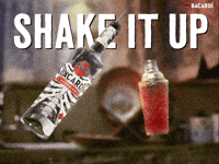 Sponsored gif. A Halloween-themed bottle of Bacardi and a cocktail shaker float as if being used by ghostly hands. Text: SHAKE IT UP