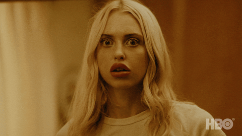 TV gif. Chloe Cherry as Faye from Euphoria looks petrified, staring like a deer caught in headlights with her wide, blue eyes and mouth slightly agape.