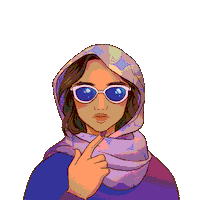 Digital art gif. Illustration of a woman wearing sunglasses and a colorful head scarf points first to her left nostril, then her right, breathing steadily. Text, "Inhale five seconds through the left nostril; exhale ten seconds through the right nostril."
