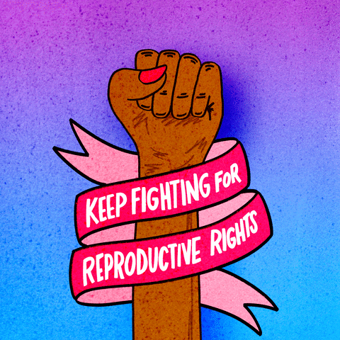 Illustrated gif. Woman's fist raised in solidarity on a blue purple pink gradient background, circling the forearm a red-pink banner that reads, "Keep fighting for reproductive rights."