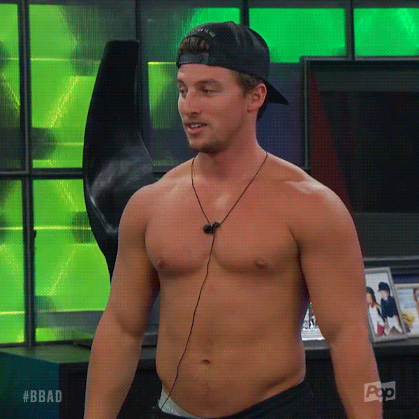 Reality TV gif. A contestant from Big Brother is shirtless and points at someone while raising his eyebrows saying, "I say the same thing."