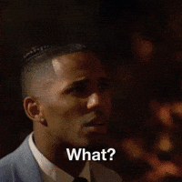 TV gif. Bachelorette contestant with a furrowed brow and confused look on his face says "What?"