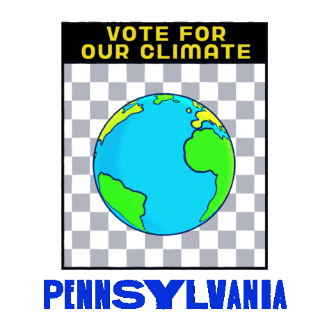 Digital art gif. Earth spins in front of a grey and white checkered background framed in a transparent box. Text, “Vote for the climate. Pennsylvania.”