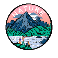 Digital art gif. Inside a circle is an illustration of a beautiful mountain scene with three people looking out over a river in a green, lush valley. Text, "Nature is therapeutic."