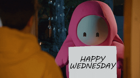 Video game gif. A pink character with a white face blinks its black eyes as it holds a sign that reads, "Happy Wednesday."