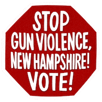 Digital art gif. Red stop sign over a transparent background reads in capitalized text, “Stop gun violence, New Hampshire! Vote!”