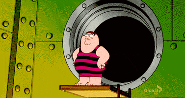Family Guy gif. Wearing a pink-and-black-striped one-piece swimsuit, Peter jumps from a diving board onto a large pile of gold coins like Scrooge McDuck, but lands with broken bones and a bloody face.