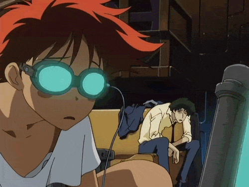 Anime gif. Aoi in Cowboy Bebop wears glowing goggles with lenses that change colors as her head jerks from side to side.
