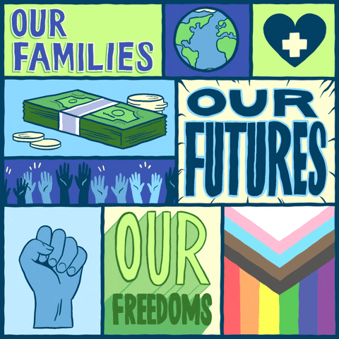 Digital art gif. Collage of boxes features a rotating Earth, a pulsating heart with a medical plus sign, a stack of cash, hands bouncing in the air, a fist pumping, a Progress Pride Flag, and the text, “Our families, our futures, our freedoms.”