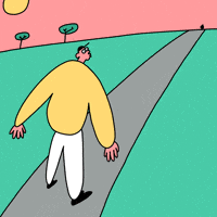 Illustrated gif. Man standing in the road watches as a woman in a car drives straight at him. The motion pauses for a moment as we see her crash into him, and he says, “Nice!” before she continues down the road, flattening him in her wake.