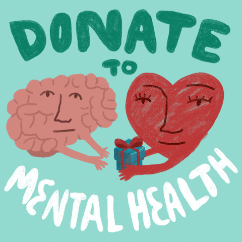 Illustrated gif. Brain smiles when a heart with a blinking face hands over a blue present box wrapped with a red bow. Text reads, "Donate to mental health."