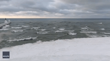 Drone Footage Shows Frozen Lighthouse in Saint Joseph, Michigan