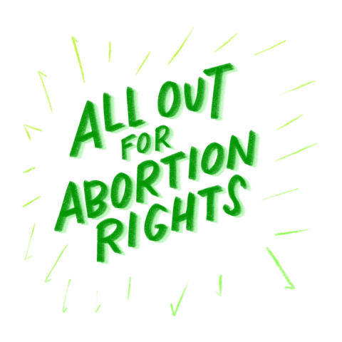 Text gif. White shouting speech bubble wiggles over a transparent background with the text, “All out for abortion rights.”