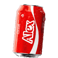 Sponsored gif. A red can of Coca-Cola with the name "Alex" rises into frame and then sinks back out again.