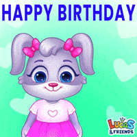 Cartoon gif. Lucas and Friends rabbit, gray with pink bows, presenting us with a bouquet of colorful cartoon flowers, on a green background with hearts under a message in blue block letters. Text, "Happy birthday!"