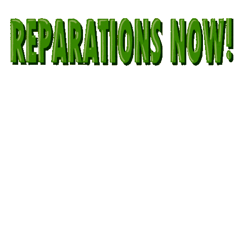 Digital art gif. Four Black fists grasping wads of green dollar bills punch upward toward the sky. Text, "Reparations now!"