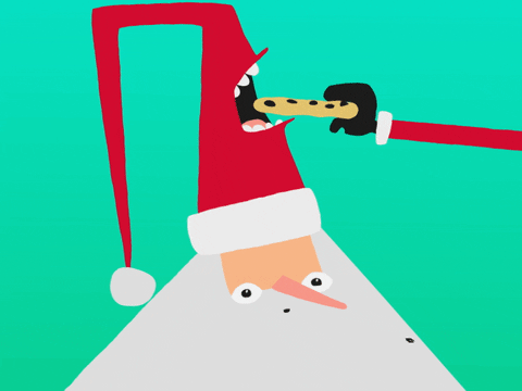 Digital art gif. Hand reaches out to feed a mouth that appears on the side of Santa's hat. The mouth chews up the cookie as Santa smiles in delight.