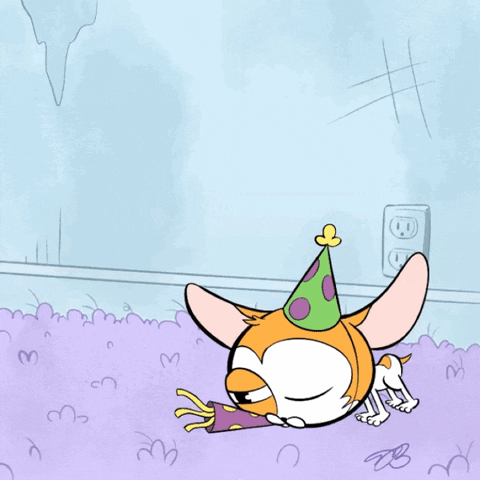 Cartoon gif. Tiny chihuahua in a green and purple polka-dotted party hat blows into a party horn as it hops around happily. All of a sudden it goes splat, landing directly on its face on the lavender purple carpet.