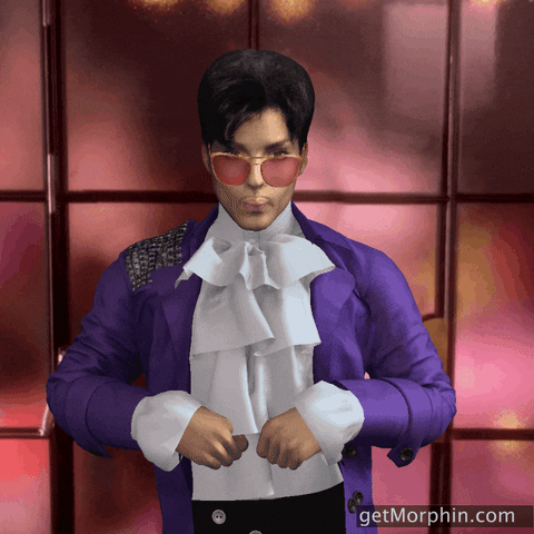 Digital art gif. Digitized version of Prince tosses confetti in the air and waves his hips.