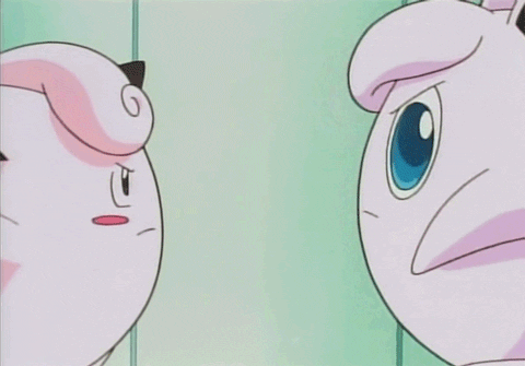 Pokemon gif. A frowning Jigglypuff slaps Cleffa across the face.