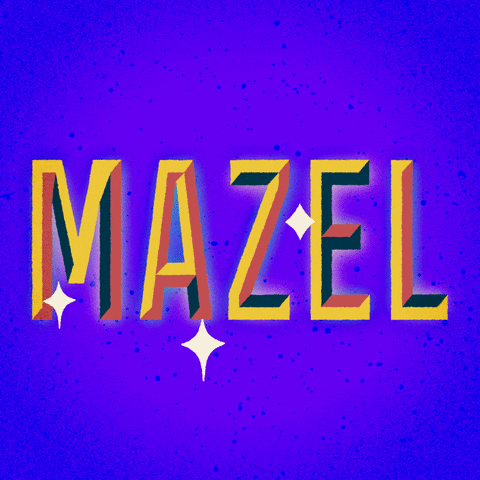 Text gif. Giant, glittering, gold letters on a purple background stretch even larger, reading, "Mazel."