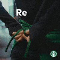 Sponsored gif. Person ties the back of their green Starbucks apron. Text reads, “Ready.”