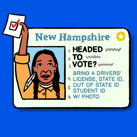 Digital art gif. New Hampshire identification card against a bright blue background flashes four different profiles, holding up a ballot, including a Native American man, a White woman, a Black woman, and a Latinx man. The ID card reads, “Headed to vote? Bring a driver’s license, state ID, out-of-state ID, student ID with photo.”