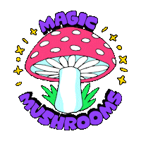 Digital art gif. Cartoon pink and white mushroom spins around before transforming into a circle with a strike through it superimposed over a menacing gray mushroom cloud. Text, "Magic mushrooms, not mushroom clouds."