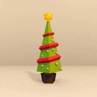 Digital art gif. Geometric Christmas tree slides off screen as another glides on and decorations appear in a cycle that loops continuously.