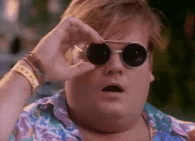 SNL gif. Chris Farley in an SNL skit. He's wearing a Hawaiian shirt and has glasses with a sunglasses cover. He is slack jawed and shocked as he stares and flips the sunglasses up, revealing his glasses.