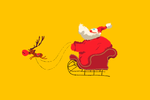 Digital art gif. Rough cartoon of Santa Claus in his sleigh, driven by a humorously disproportionately small Rudolph the Reindeer with a red nose bigger than his own head.