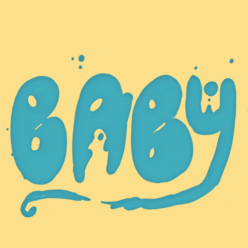 Text gif. Sky blue ink splashes on a buttery yellow background, forming bubbly letters that spell out the word, "Baby."