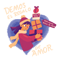 Digital art gif. Young girl dressed for winter holds a large unstable stack of gifts, a window heart behind her. Text, Demos el regalo, de amor, Llame al 211, "Para reporter actos de odio."