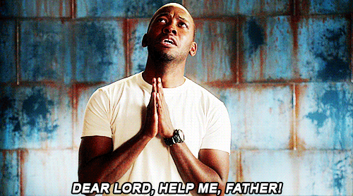 TV gif. Lamonse Morris as Winston Bishop on New Girl looks up at the sky with his hands in a praying position in front of his chest. He has a worried expression on his face as he squats down and says, “Dear lord, Help, father!”