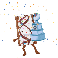 Sponsored gif. A cartoon of an anthropomorphic Pop Tart with white and brown frosting jumps and dances while holding the trophy for the Pop Tart Bowl. Confetti falls all around. 