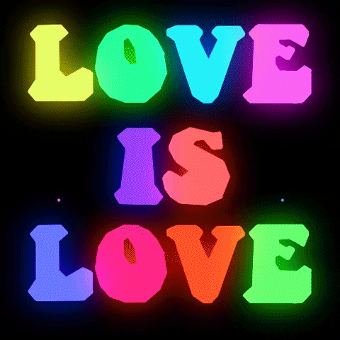 Text gif. "Love is love," in neon letters next to flashing hearts.