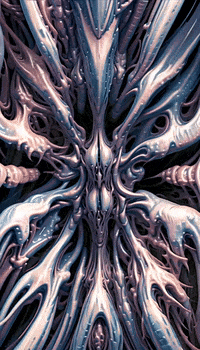 Digital art gif. A 3D rendering chromatic shapes spiraling outward and filling the frame with a intricate design that's constantly morphing, reminiscent of a kaleidoscope.